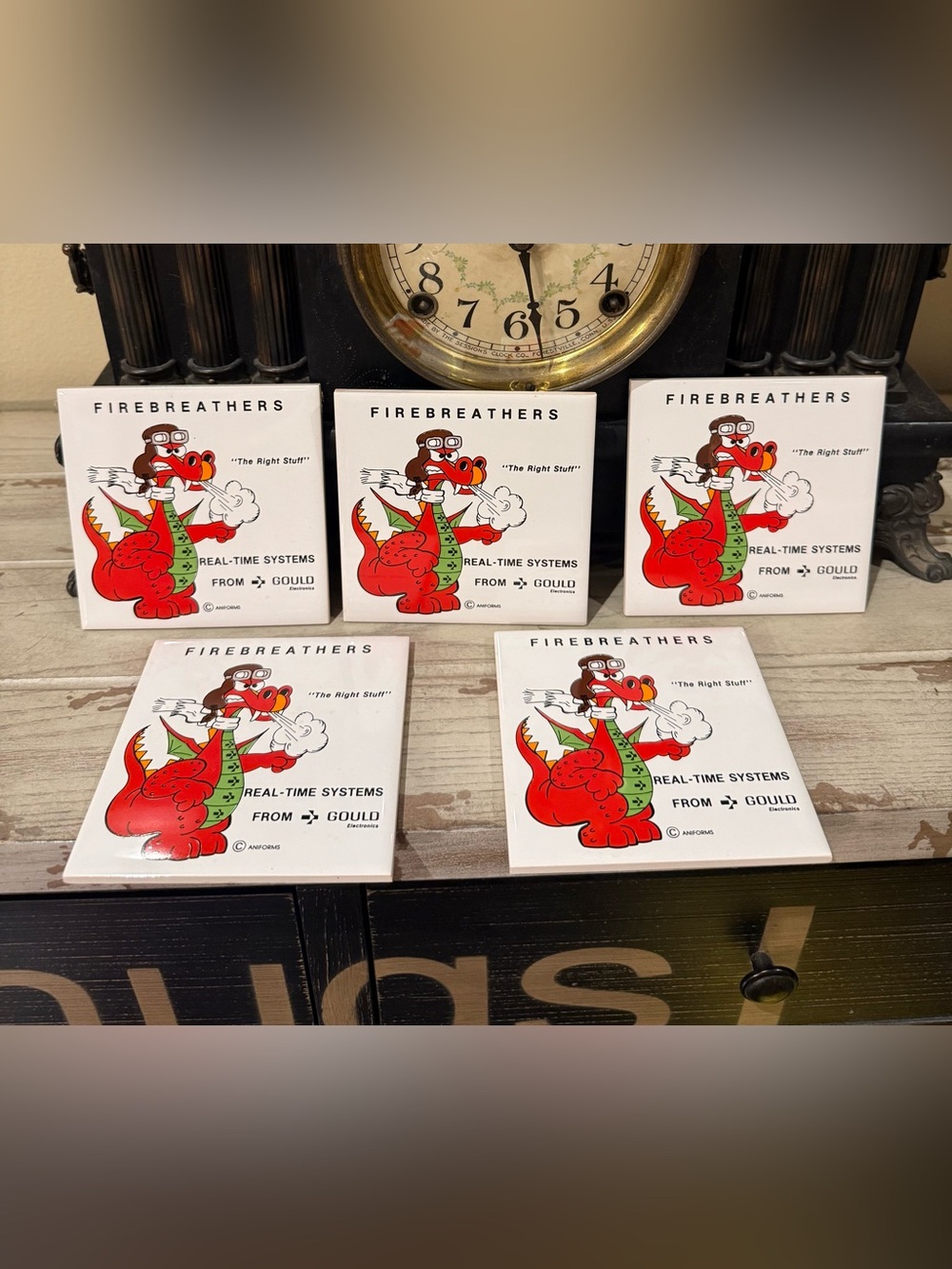Vintage Gould Electronics Firebreathers Dragon Ceramic Tile Coasters Set of 5